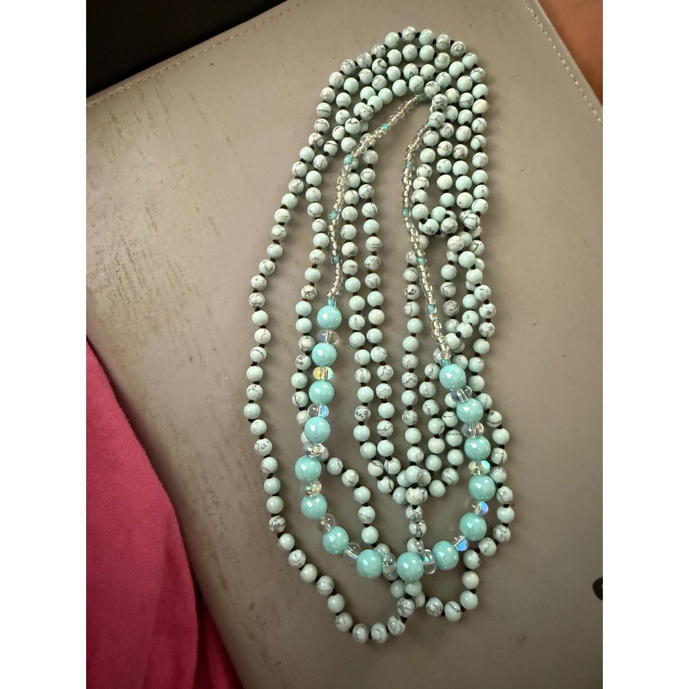 Long Multi Strand Beaded Necklace Aqua Iridescent White Marbled Turquoise Style